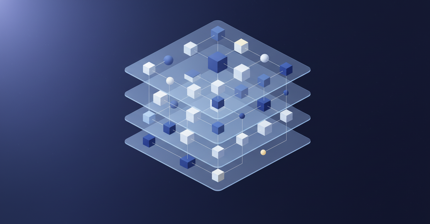 An isometric illustration showing a multi-dimensional data structure with interconnected layers and nodes, representing accounting dimensions. The visual should show multiple transparent planes or layers stacking together, each containing organized geometric elements like cubes or spheres connected by lines, suggesting a sophisticated organizational hierarchy. Use a clean, professional color palette with blues, grays, and subtle accent colors. The style should be modern, technical, and convey complexity organized into clarity - no text or labels, purely visual representation of dimensional data architecture.