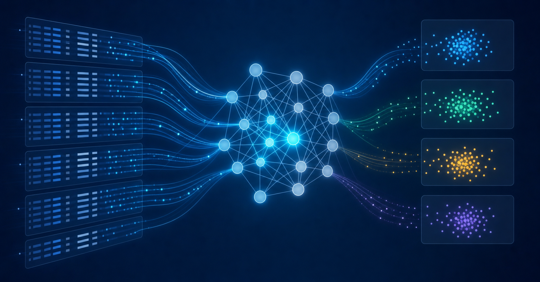 A clean, modern diagram showing AI analyzing financial transaction data streams. Visualize historical general ledger entries flowing into a neural network or machine learning model, with pattern recognition nodes lighting up. Use a professional color palette with blues and grays. Show data points clustering into organized categories representing learned patterns. Abstract, technical illustration style without any text or labels.