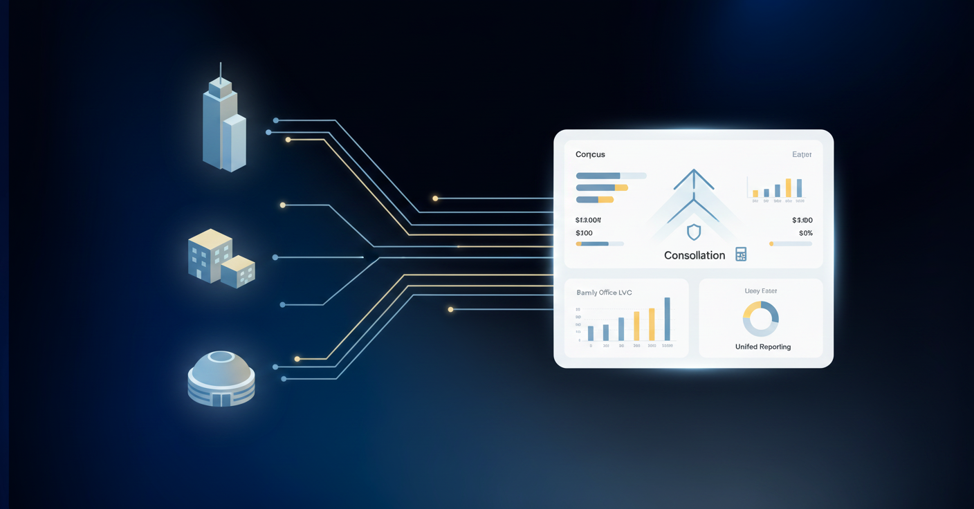 A clean, modern illustration showing multiple connected organizational entities or subsidiaries flowing into a unified consolidated financial dashboard. Show abstract building or office icons representing different business entities, with data streams or connecting lines merging into a central consolidated view. Use a professional color palette with blues and grays. The image should convey the concept of multi-entity consolidation and unified financial reporting in a business context. No text, words, or letters.