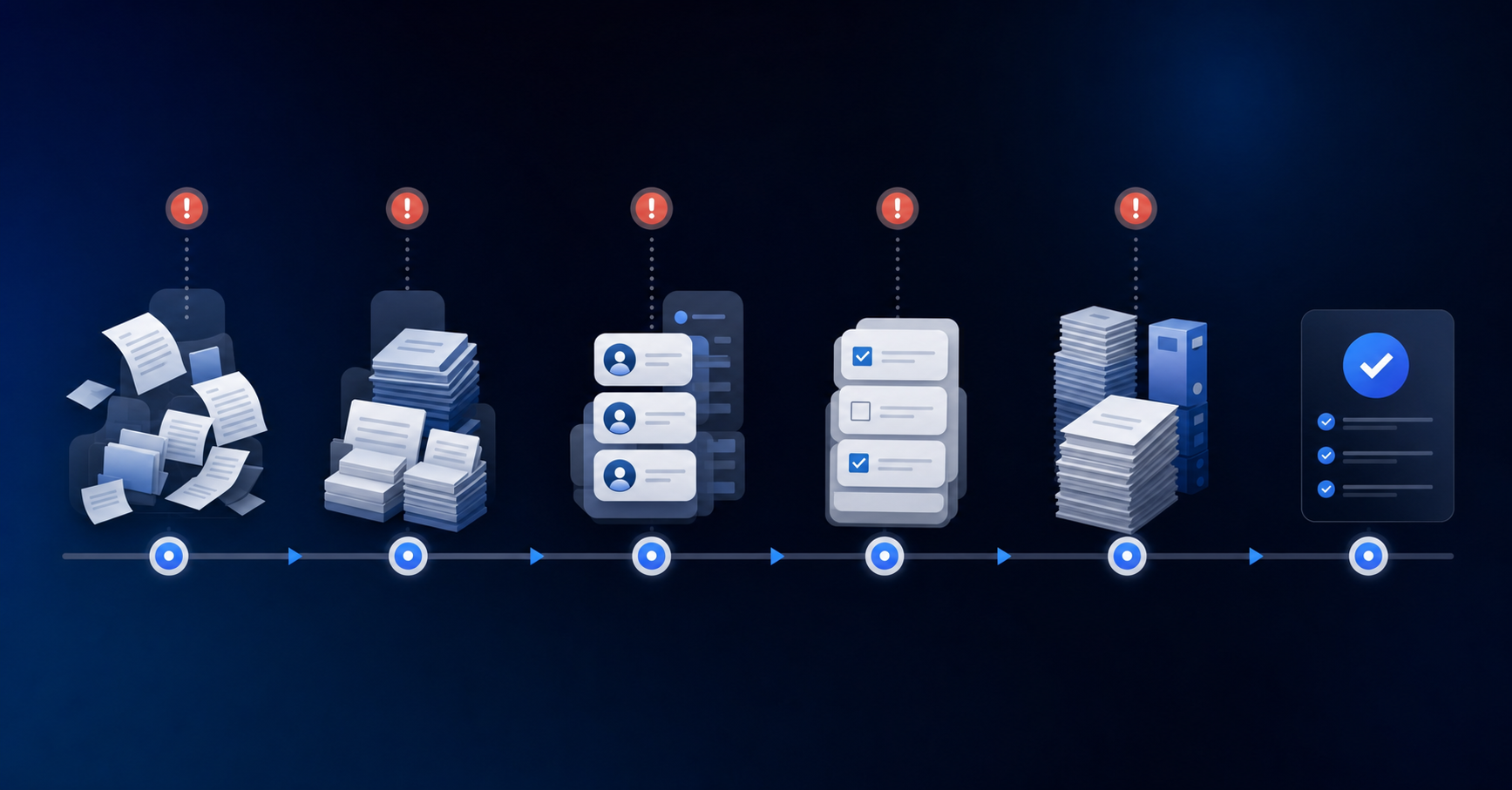 A clean, professional illustration showing a financial close workflow with visible bottlenecks and delays. Show a timeline or process flow with five distinct congestion points where work piles up, using abstract shapes like stacked documents, queues, and workflow arrows. Use a modern, minimal style with blue and gray tones, no text or labels.