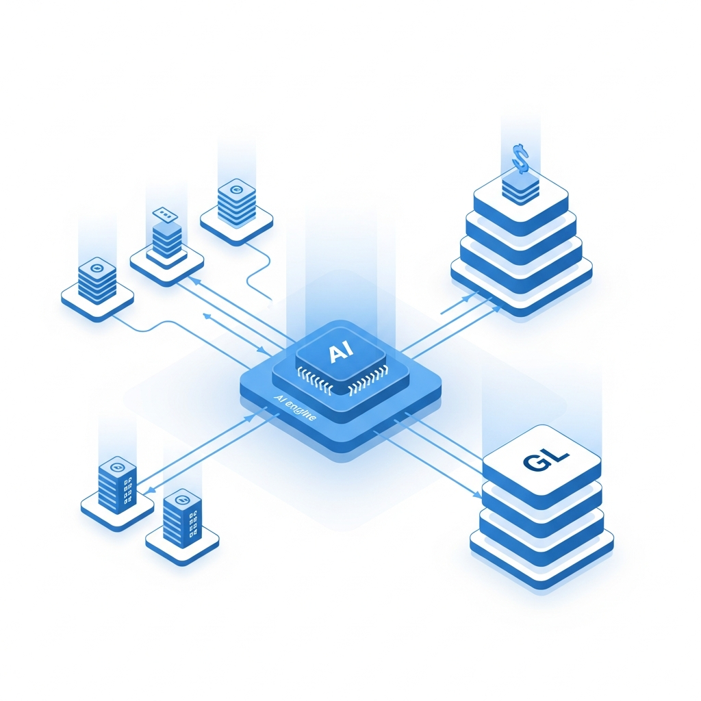 Modern financial workflow visualization showing automated transaction processing system with banking connections, AI classification engine, and GL integration. Clean, technical illustration with data flowing from bank accounts through an AI processing layer into organized financial ledger structure. Use professional blue and white color scheme with subtle gradients. Isometric or semi-flat design style showing interconnected nodes and data streams representing financial automation architecture.