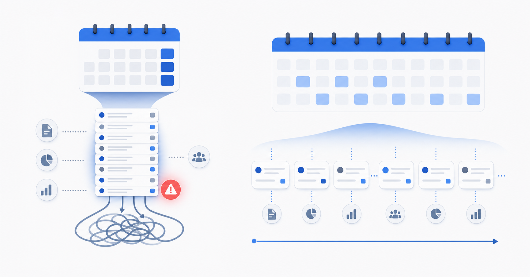 A clean, professional illustration comparing two accounting workflow timelines side by side. On the left, show a compressed, intense burst of activity concentrated in a short period representing a traditional month-end sprint with stacked work items and congestion. On the right, show the same work distributed evenly across a longer timeline representing continuous close, with work items spread smoothly throughout. Use a modern, minimal style with blue and gray tones, abstract shapes like calendar blocks, task items, and workflow indicators. No text or labels.