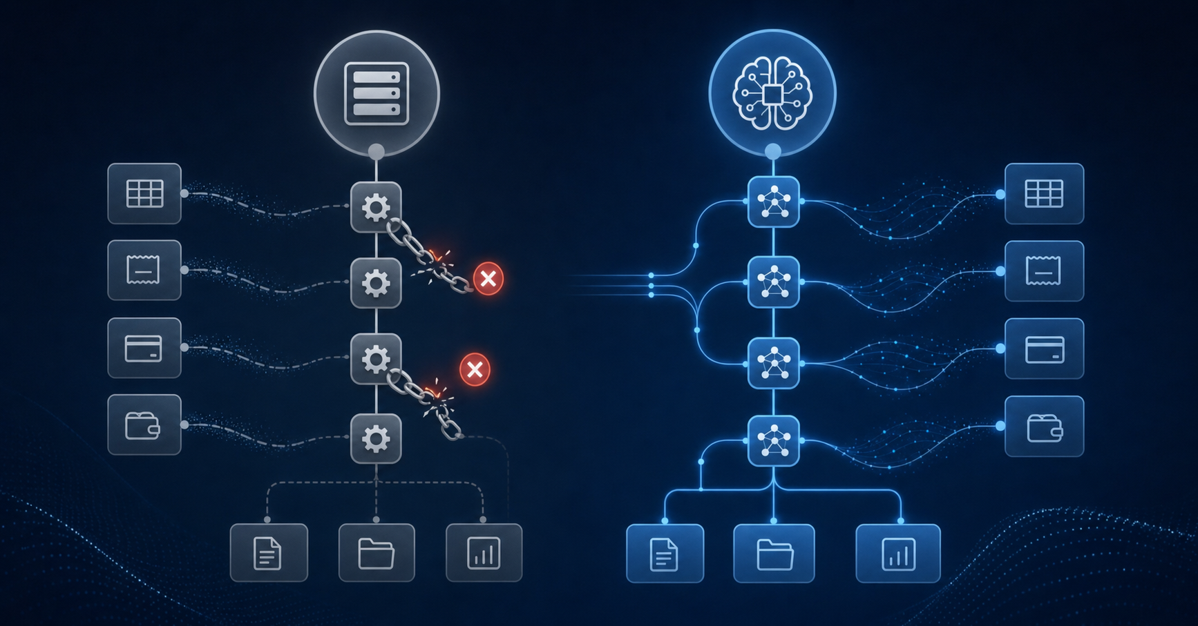 A clean, modern diagram showing two parallel workflow paths: on the left, a rigid rule-based system with breaking chains and error symbols where vendor name variations cause failures; on the right, an AI-powered classification system with smooth adaptive pathways successfully processing varied transaction data. Use a professional blue and gray color scheme with subtle data flow visualization elements like nodes and connection lines. No text or labels.
