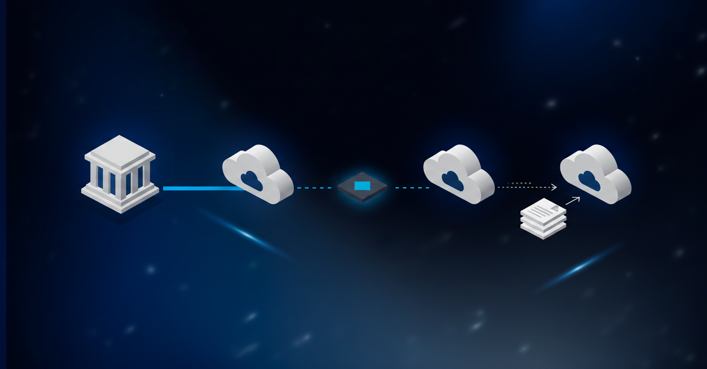 A clean, modern technical diagram showing three distinct pathways for bank data connectivity. Left path shows a direct connection between a bank building and cloud accounting system with a straight secure line. Middle path shows a connection routed through an intermediary aggregator service node. Right path shows a manual file transfer workflow with document icons. Use isometric or semi-flat design style, professional blue and gray color palette, minimal geometric shapes, no text or labels.