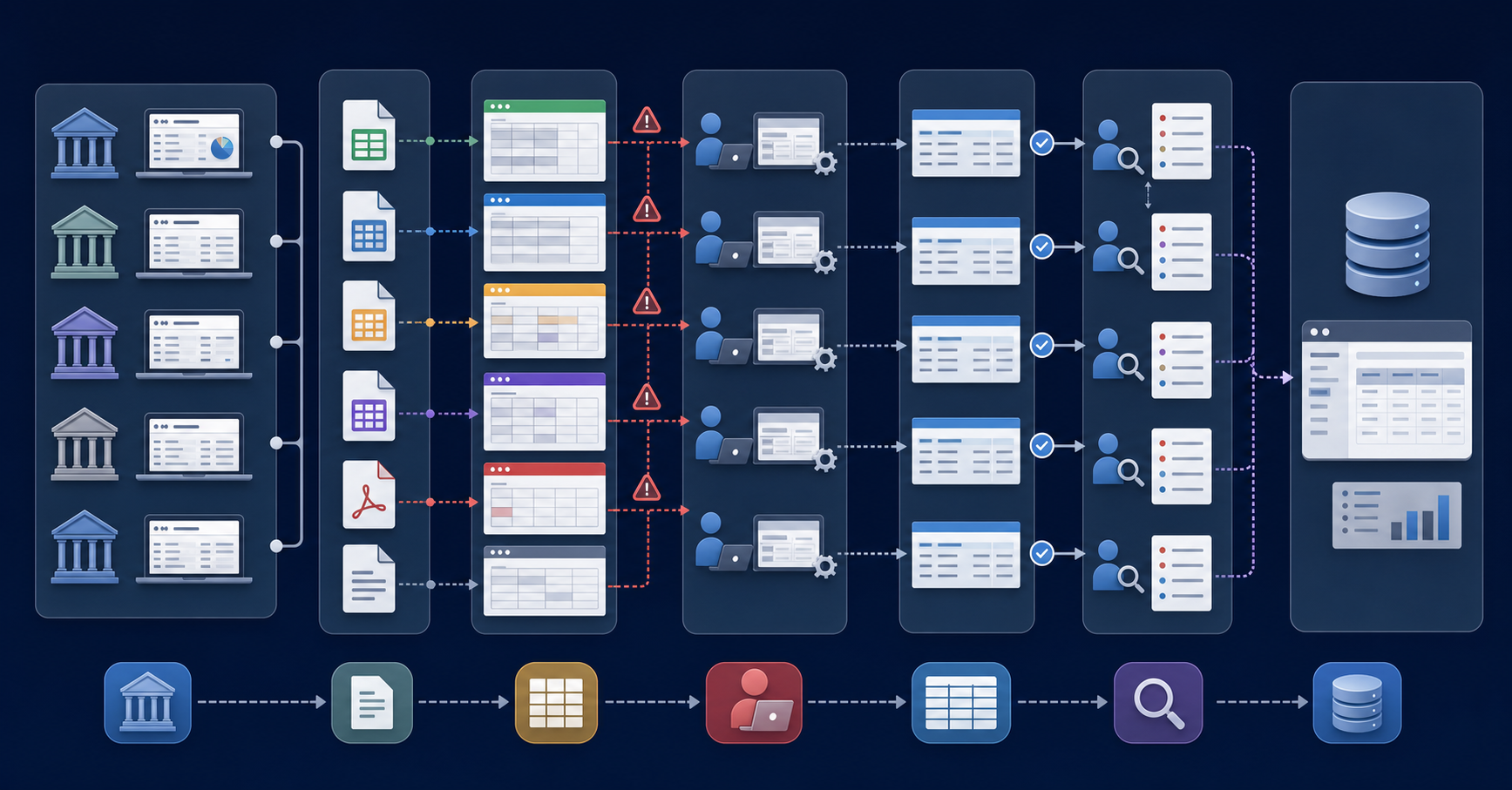 A detailed workflow diagram showing the complexity of brokerage account reconciliation for family offices. Visualize multiple custodian portals feeding into spreadsheets with different data formats, then flowing through manual reformatting steps, cryptic transaction descriptions being interpreted, and finally connecting to a general ledger system. Use a professional color scheme with blues and grays, showing the bottlenecks and manual intervention points in the process. Include visual elements like document icons, data tables, and connection arrows to illustrate the friction points. No text or labels.