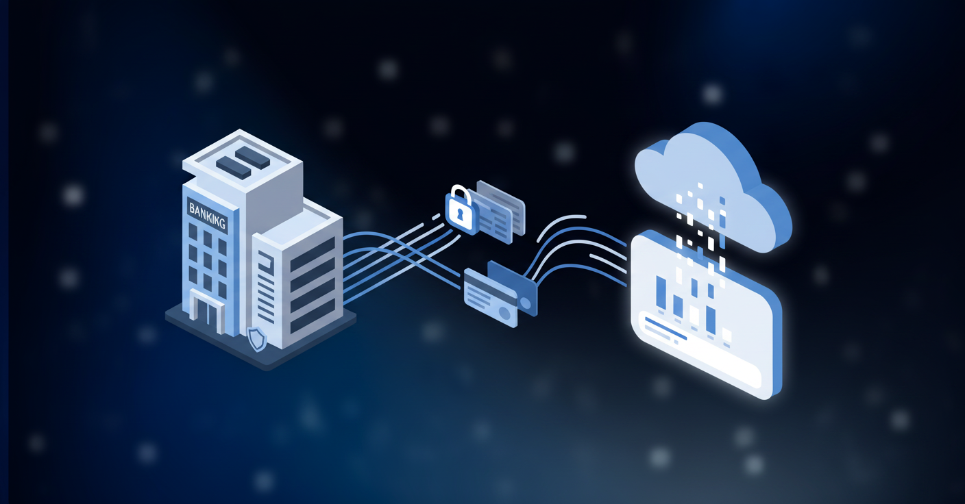 A clean, professional illustration showing a simplified bank account connection workflow. Depict a modern banking institution building on the left connected by flowing data streams or network lines to a cloud-based accounting system interface on the right. Include abstract representations of authentication (like a secure lock or shield icon), account selection (multiple account icons), and transaction data flowing between systems. Use a minimal color palette with blues and grays, isometric or semi-flat design style, no text or labels.