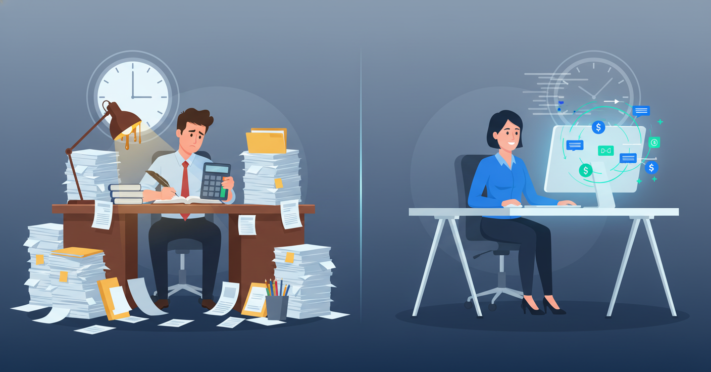 A split-screen comparison visualization showing the contrast between manual and automated accounting workflows. On the left side, a stressed accountant surrounded by stacks of paper invoices and documents, working slowly at a desk with a calculator and physical ledgers. On the right side, a calm accountant at a clean modern desk with a computer displaying streamlined digital workflows, with organized transaction data flowing smoothly across the screen. The contrast should emphasize efficiency and time difference. Professional office setting, modern minimal style, cool blue and gray color palette.
