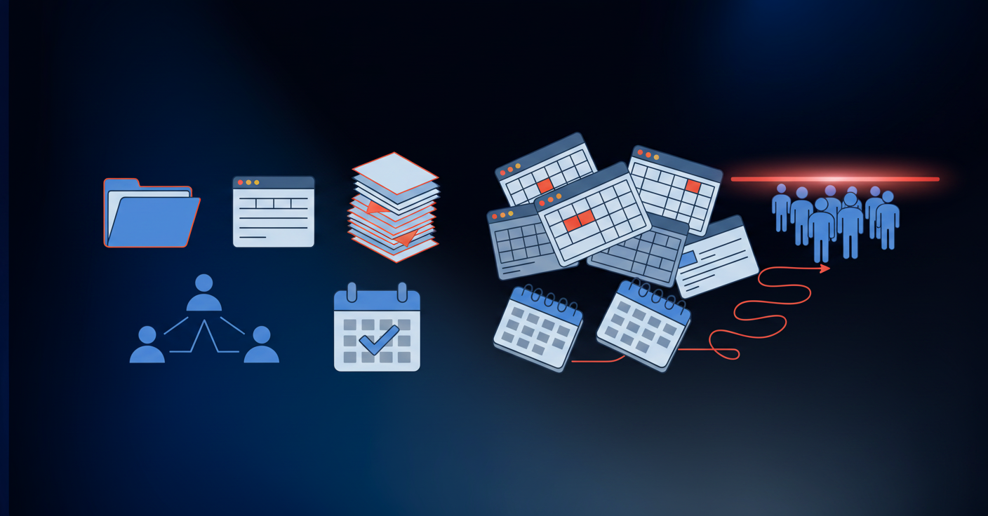 A clean, modern illustration showing a growing business outgrowing its systems. Depict abstract visual metaphors for business friction and bottlenecks: stacked papers or documents piling up, multiple spreadsheet icons overlapping chaotically, calendar pages spreading out to show extended timelines, and interconnected nodes or people icons hitting a ceiling or boundary. Use a professional color palette with blues, grays, and subtle orange or red accent colors to indicate pain points. The composition should flow from organized on one side to increasingly complex and constrained on the other, representing the transition from manageable to outgrown systems. No text, words, or letters.
