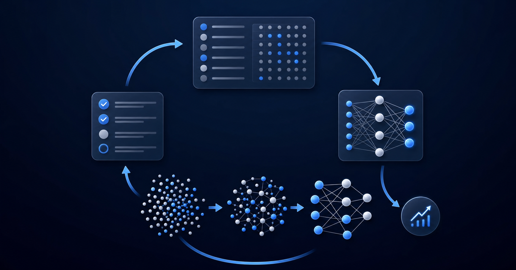 A clean, modern diagram showing a continuous feedback loop cycle for machine learning improvement. Visualize a circular flow with transaction data being reviewed, corrections being fed back into an AI model, and improved accuracy flowing forward. Show data points and neural network nodes becoming more refined with each cycle. Use a professional color palette with blues and grays. Abstract, technical illustration style representing iterative learning and refinement over time.