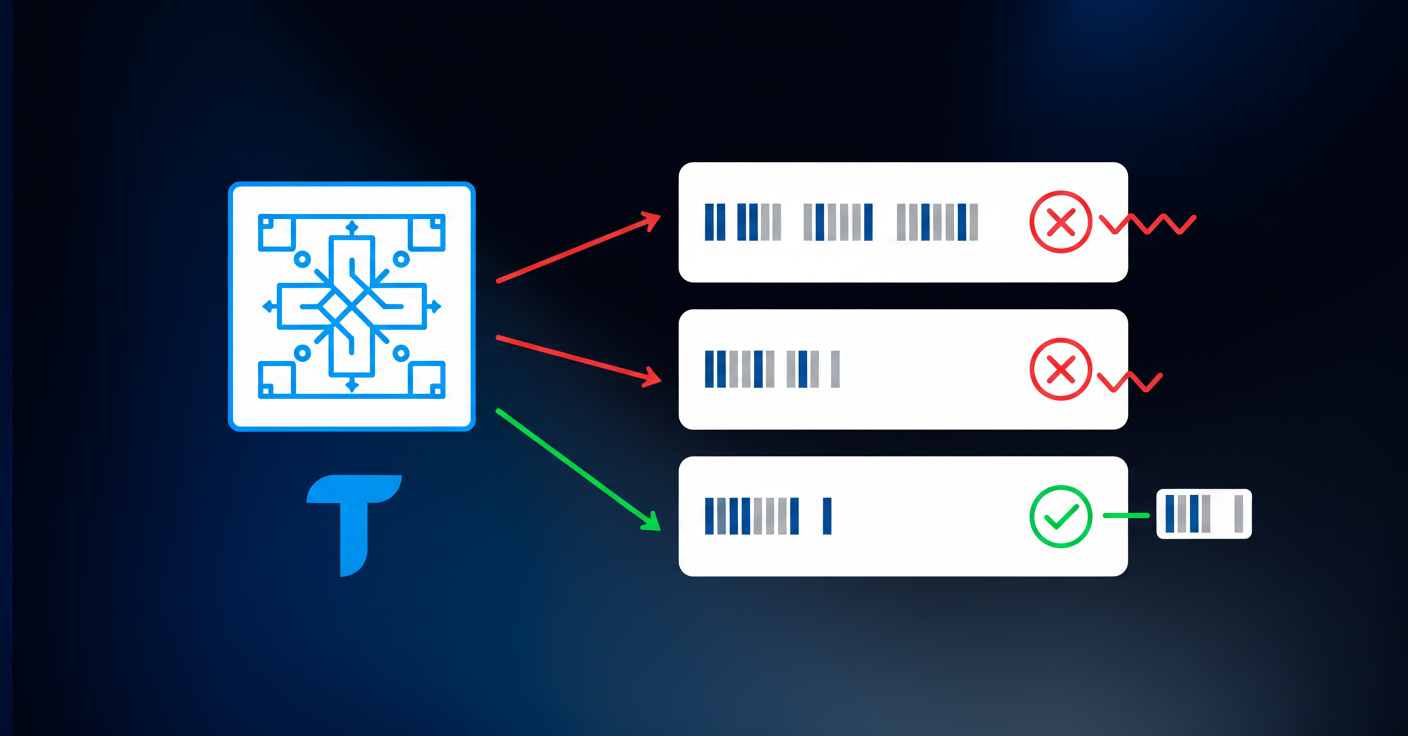 A clean technical diagram showing transaction rule matching failure. Display three different variations of an airline merchant name appearing on bank statements: one showing "UNITED AIRLINES", another showing "UNITED AIR", and a third showing "UAL". Each variation should be on a separate transaction line or card. Show a rule or pattern matching system trying to match them, with two of the variations marked with a red X or miss indicator, and only the exact match succeeding with a green checkmark. Professional accounting software interface style, minimal design, cool blue and gray color scheme, technical illustration aesthetic.