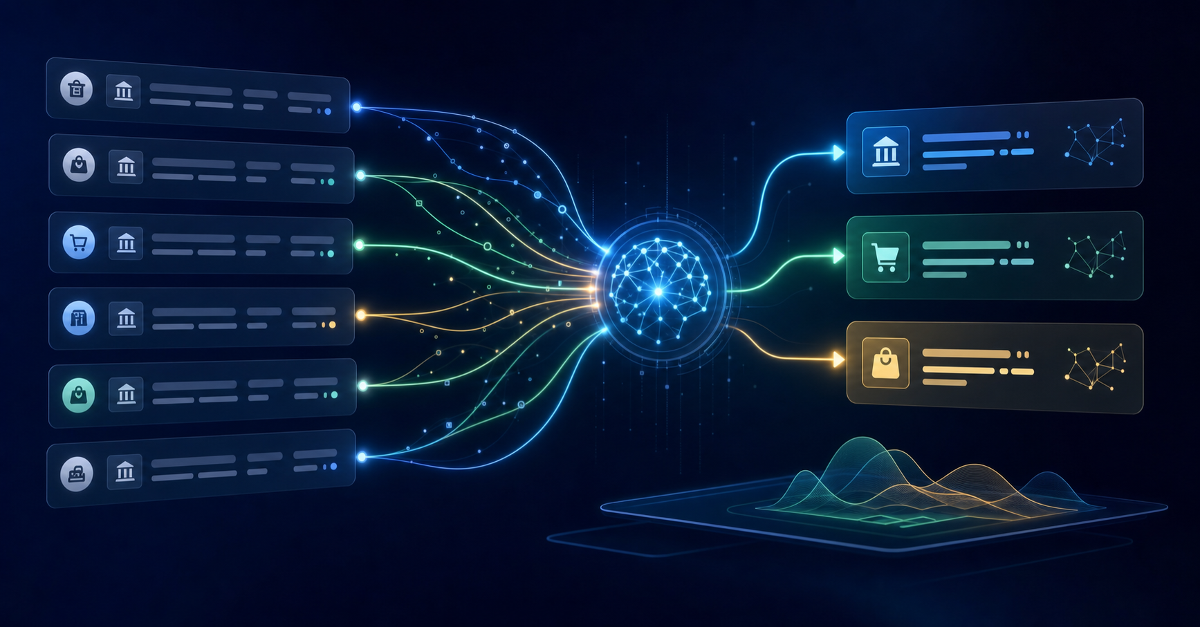 A modern technical illustration showing AI analyzing financial transaction data with contextual connections. Visualize multiple data points (vendor names, amounts, dates, memo fields) connected by glowing neural network-style lines converging toward a central AI processing node. Show subtle patterns emerging from seemingly mismatched data - like slight amount variances and timing offsets being recognized as related. Use a professional color palette with blues, greens, and subtle amber highlights. Clean, minimal business illustration style with depth and clarity. No text or numbers visible.