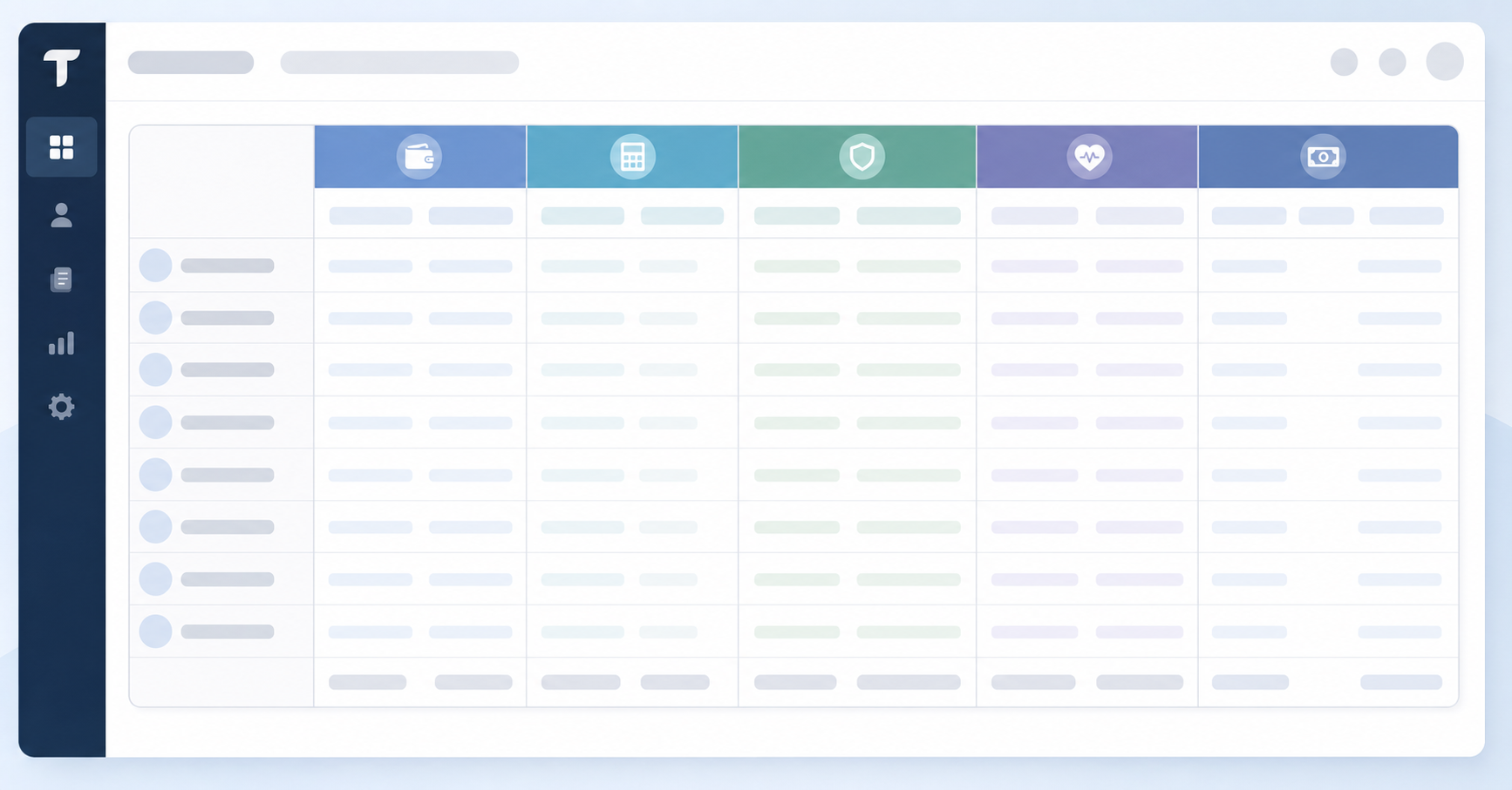 A clean, professional diagram showing the structure of a payroll register with multiple columns and rows representing different payroll components: gross wages section, tax withholdings section, employer tax obligations section, benefit deductions section, and net pay section. Modern accounting software interface style with organized data fields and categories laid out in a structured table format. Muted blue and gray color scheme, minimalist business illustration style.